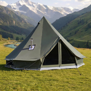 Canvas Bell Tent, 4 Seasons 13.12 ft Yurt Tent for Camping with Stove Jack, Canvas Breathable Holds up to 4 People with Zipped Detachable Floor, for Family Camping Glamping Outdoor Hunting Party
