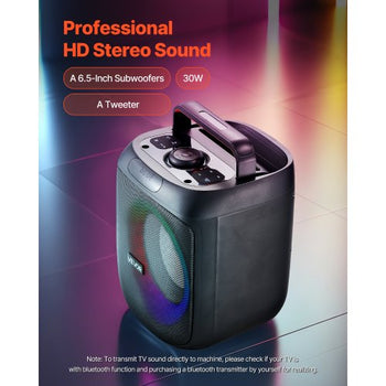 Karaoke Machine for Adults, 30W, 6.5-inch Portable Bluetooth Speaker with 2 Wireless Microphones, LED Light, TWS Function, Handle, Support Micro TF Card, USB, AUX, for Home Karaoke Party Singing