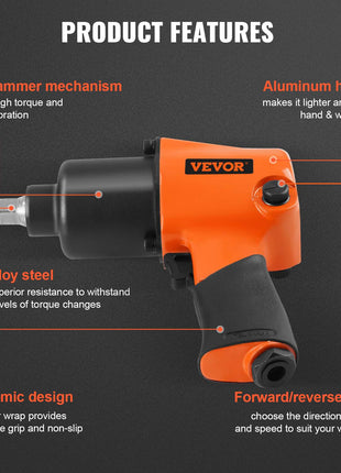 VEVOR 1/2" impact wrench, orange and black, aluminum housing, ergonomic grip, twin hammer, high alloy steel, forward/reverse.