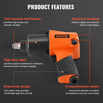 VEVOR 1/2" impact wrench, orange and black, aluminum housing, ergonomic grip, twin hammer, high alloy steel, forward/reverse.