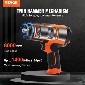 1/2-Inch Air Impact Wrench, High Torque Up to 1400 ft-lbs, Lightweight 4.6 lb Design Pneumatic Impact Gun with 11-PCS 1/2-Inch Drive CR-V Steel Impact Socket Set & Carrying Case