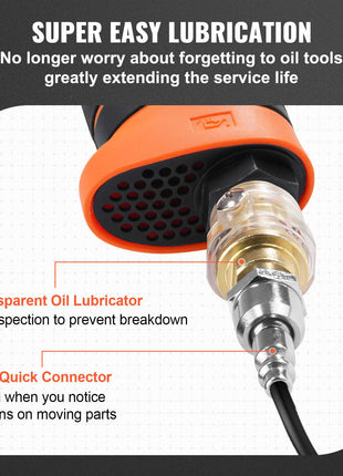 Transparent oil lubricator with an orange and black design, featuring a 360° quick connector for easy lubrication.