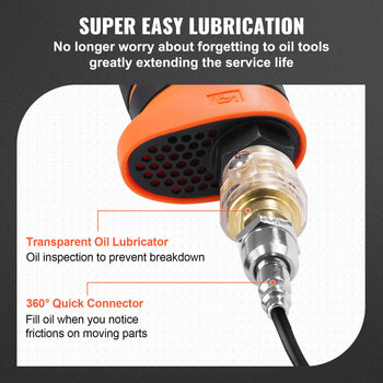Transparent oil lubricator with an orange and black design, featuring a 360° quick connector for easy lubrication.