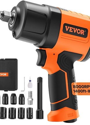 Vevor cordless impact wrench, orange and black, 8000 RPM, 1400 ft-lbs torque, includes 6 sockets and accessories.