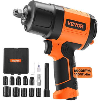 Vevor cordless impact wrench, orange and black, 8000 RPM, 1400 ft-lbs torque, includes 6 sockets and accessories.
