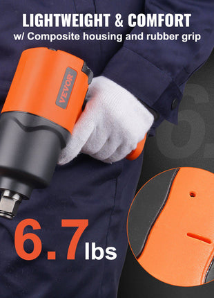 Lightweight orange and black impact wrench with composite housing and rubber grip, weighing 6.7 lbs, for comfortable use.