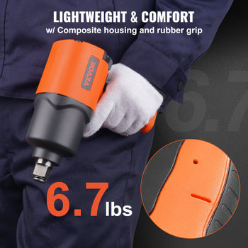 Lightweight orange and black impact wrench with composite housing and rubber grip, weighing 6.7 lbs, for comfortable use.