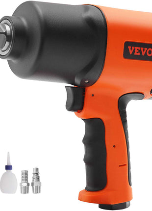 VEVOR orange and black impact wrench, durable metal design, ergonomic grip, includes accessories for diverse applications.