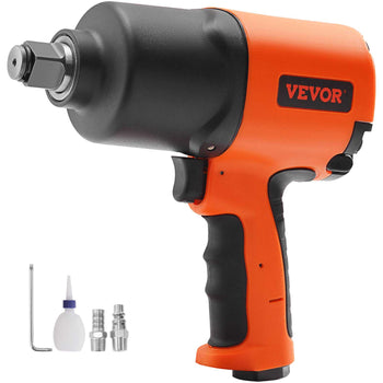 VEVOR orange and black impact wrench, durable metal design, ergonomic grip, includes accessories for diverse applications.