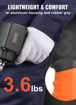 Lightweight 3.6 lbs impact wrench with aluminum housing and rubber grip, ideal for comfort and durability in orange and black.
