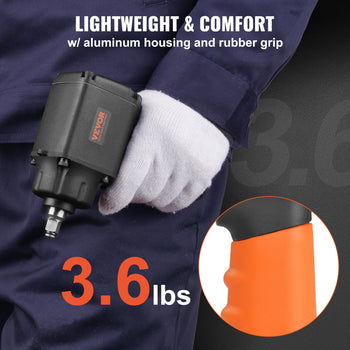 Lightweight 3.6 lbs impact wrench with aluminum housing and rubber grip, ideal for comfort and durability in orange and black.