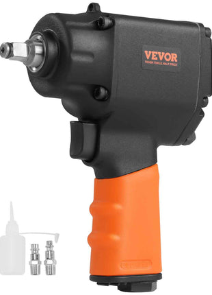 VEVOR 1/2'' Air Impact Wrench, black and orange, durable material, compact design, includes oil bottle and fittings.