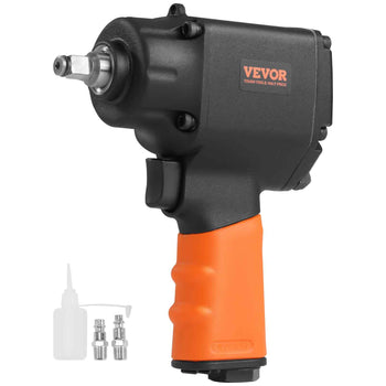 VEVOR 1/2'' Air Impact Wrench, black and orange, durable material, compact design, includes oil bottle and fittings.