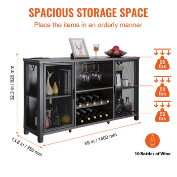 Black metal wine rack with mesh doors, holds 10 bottles, spacious storage, modern style, measures 55x14 inches.