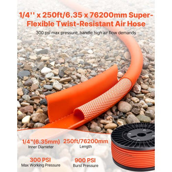 Air Hose, 1/4" x 250FT Hybrid Air Compressor Hose, 300 PSI Kink-Resistant Pneumatic Hoses with Three-Layer Construction for Auto & Home DIY Projetcs, All-Weather Flexibility (No Fittings)