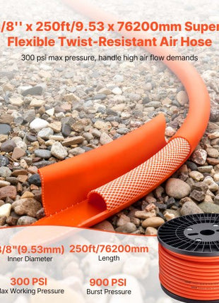 Air Hose, 3/8'' x 250FT Hybrid Air Compressor Hose, 300 PSI Kink-Resistant Pneumatic Hoses with Three-Layer Construction for Auto & Home DIY Projetcs, All-Weather Flexibility (No Fittings)