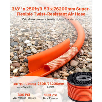 Air Hose, 3/8'' x 250FT Hybrid Air Compressor Hose, 300 PSI Kink-Resistant Pneumatic Hoses with Three-Layer Construction for Auto & Home DIY Projetcs, All-Weather Flexibility (No Fittings)