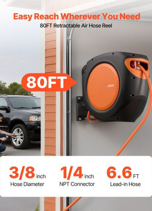 Retractable Air Hose Reel, 3/8 Inch x 80 FT Hybrid Air Hose Max 300PSI, Enclosed Air-Compressor Hoses Reel Auto Rewind with 6.6 ft Lead in, 180° Swivel Ceiling/Wall Mount for Workshops