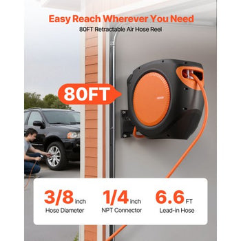 Retractable Air Hose Reel, 3/8 Inch x 80 FT Hybrid Air Hose Max 300PSI, Enclosed Air-Compressor Hoses Reel Auto Rewind with 6.6 ft Lead in, 180° Swivel Ceiling/Wall Mount for Workshops