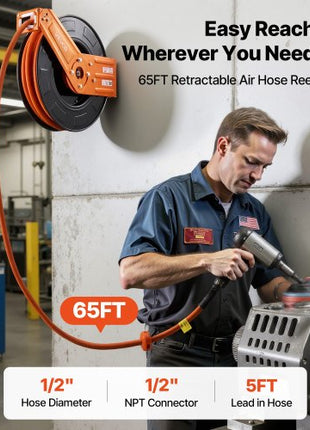 Retractable Air Hose Reel, 1/2 Inch x 65 FT Rubber Air Hose Max 300PSI, Auto Rewind Air-Compressor Hoses Reel with 5 ft Lead in, Ceiling/Wall Mount for Garage Workshops