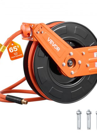 Retractable Air Hose Reel, 1/2 Inch x 65 FT Rubber Air Hose Max 300PSI, Auto Rewind Air-Compressor Hoses Reel with 5 ft Lead in, Ceiling/Wall Mount for Garage Workshops