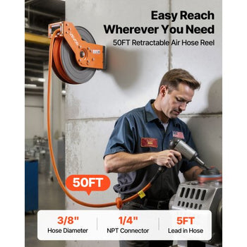 Retractable Air Hose Reel, 3/8 Inch x 50 FT Hybrid Air Hose Max 300PSI, Auto Rewind Air-Compressor Hoses Reel with 5 ft Lead in, 180° Swivel Ceiling/Wall Mount for Garage Workshops
