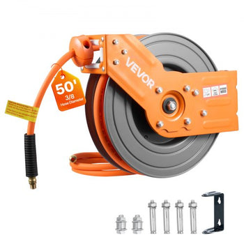Retractable Air Hose Reel, 3/8 Inch x 50 FT Hybrid Air Hose Max 300PSI, Auto Rewind Air-Compressor Hoses Reel with 5 ft Lead in, 180° Swivel Ceiling/Wall Mount for Garage Workshops