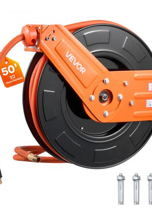 Retractable Air Hose Reel, 1/2 Inch x 50 FT Rubber Air Hose Max 300PSI, Auto Rewind Air-Compressor Hoses Reel with 5 ft Lead in, Ceiling/Wall Mount for Garage Workshops
