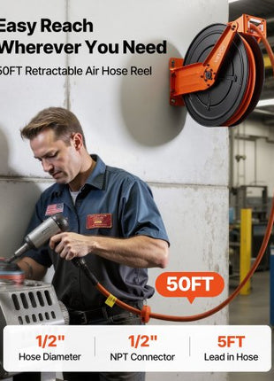 Retractable Air Hose Reel, 1/2 Inch x 50 FT Rubber Air Hose Max 300PSI, Auto Rewind Air-Compressor Hoses Reel with 5 ft Lead in, Ceiling/Wall Mount Heavy Duty Steel Double Arm