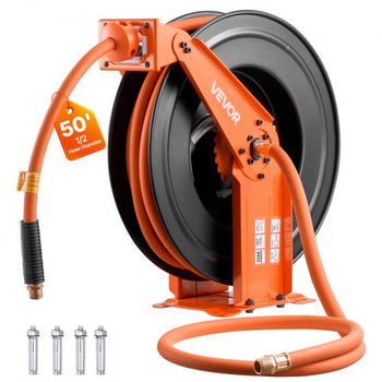 Retractable Air Hose Reel, 1/2 Inch x 50 FT Rubber Air Hose Max 300PSI, Auto Rewind Air-Compressor Hoses Reel with 5 ft Lead in, Ceiling/Wall Mount Heavy Duty Steel Double Arm