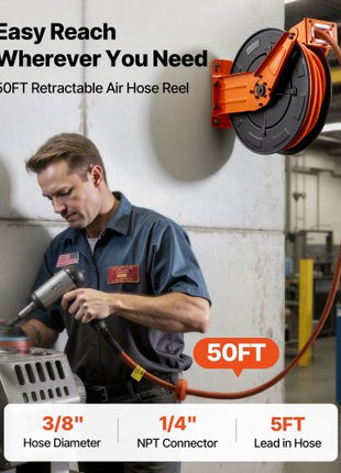 Retractable Air Hose Reel, 3/8 Inch x 50 FT Rubber Air Hose Max 300PSI, Auto Rewind Air-Compressor Hoses Reel with 5 ft Lead in, Ceiling/Wall Mount Heavy Duty Steel Double Arm