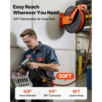 Retractable Air Hose Reel, 3/8 Inch x 50 FT Rubber Air Hose Max 300PSI, Auto Rewind Air-Compressor Hoses Reel with 5 ft Lead in, Ceiling/Wall Mount Heavy Duty Steel Double Arm