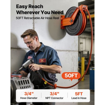 Retractable Air Hose Reel, 3/4 Inch x 50 FT PVC Air Hose Max 300PSI, Auto Rewind Air-Compressor Hoses Reel with 5 ft Lead in, Ceiling/Wall Mount Heavy Duty Steel Double Arm