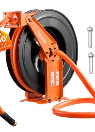 Retractable Air Hose Reel, 3/4 Inch x 50 FT PVC Air Hose Max 300PSI, Auto Rewind Air-Compressor Hoses Reel with 5 ft Lead in, Ceiling/Wall Mount Heavy Duty Steel Double Arm