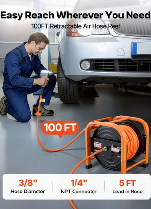 Retractable Air Hose Reel, 3/8 Inch x 100 FT PVC Air Hose Max 300PSI, Auto Rewind Air-Compressor Hoses Reel with 5 ft Lead in, Portable Freestanding Heavy Duty Steel Reel for Garages Workshops