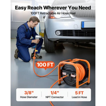 Retractable Air Hose Reel, 3/8 Inch x 100 FT PVC Air Hose Max 300PSI, Auto Rewind Air-Compressor Hoses Reel with 5 ft Lead in, Portable Freestanding Heavy Duty Steel Reel for Garages Workshops