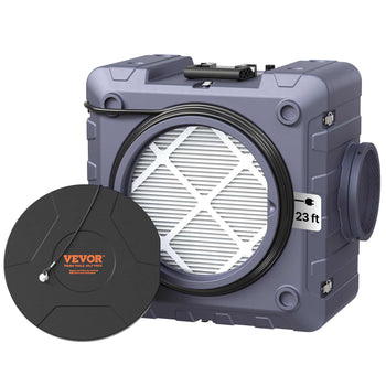 VEVOR 23ft industrial air scrubber in gray with a round black pre-filter for enhanced air purification.