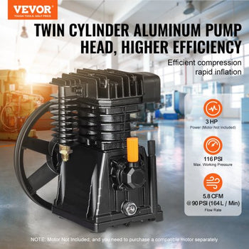 Air Compressor Pump Head, 3HP 5.8CFM @ 90PSI, Twin Cylinder Oil Lubricated Air Compressor Piston Pump Head, Single-Stage Aluminum Air Compressor Pump Replacement with Max. 116PSI Pressure
