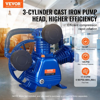 Air Compressor Pump Head, 10HP 17.5CFM @ 90PSI, 3-Cylinder Oil Lubricated Air Compressor Piston Pump Head, Dual Stage V-Type Cast Iron Air Compressor Pump Replacement with Max. 185PSI Pressure