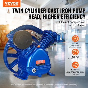 Air Compressor Pump Head, 5.5HP 5.75CFM @ 90PSI, Twin Cylinder Oil Lubricated Air Compressor Piston Pump Head, Dual Stage V-Type Cast Iron Air Compressor Pump Replacement with Max. 185PSI Pressure
