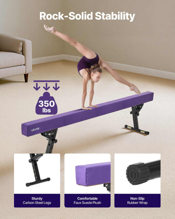 Adjustable Balane Beam for Kids, 8FT Gymnastics Beam, High and Low Floor Beams of 5 Adjustable Heights for All Gymnastic Levels, Professional Gymnastic Equipment for Home and Gym Center, Purple