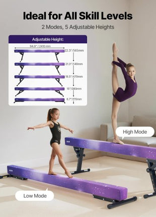 Adjustable Balane Beam for Kids, 8FT Gymnastics Beam, High and Low Floor Beams of 5 Adjustable Heights for All Gymnastic Levels, Professional Gymnastic Equipment for Home and Gym Center, Galaxy
