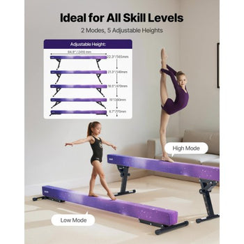 Adjustable Balane Beam for Kids, 8FT Gymnastics Beam, High and Low Floor Beams of 5 Adjustable Heights for All Gymnastic Levels, Professional Gymnastic Equipment for Home and Gym Center, Galaxy