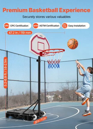 Portable Basketball Stand, 5.2 to 6.9 ft Height Adjustment Basketball Hoop & Goal, Kids Adjustable Basketballs Hoop with Nylon Net & Rolling Wheels, Portable Backboard Set for Patios, Poolside