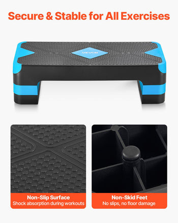 Aerobic Exercise Step Platform, 28-Inch Workout Aerobic Stepper, Height Adjustable Fitness Training Step Deck Trainer with 4 Risers, Non-Slip Surface Bench for Home Gym Cardio Strength, Blue