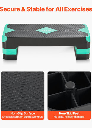 Aerobic Exercise Step Platform, 28-Inch Workout Aerobic Stepper, Height Adjustable Fitness Training Step Deck Trainer with 4 Risers, Non-Slip Surface Bench for Home Gym Cardio Strength, Green