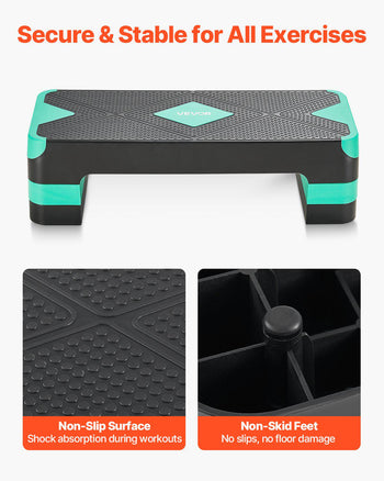 Aerobic Exercise Step Platform, 28-Inch Workout Aerobic Stepper, Height Adjustable Fitness Training Step Deck Trainer with 4 Risers, Non-Slip Surface Bench for Home Gym Cardio Strength, Green