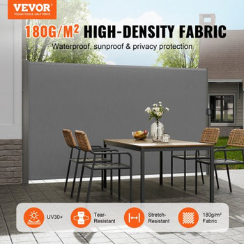Retractable Side Awning, 71''x 138'' Outdoor Privacy Screen, 180g Polyester Water-proof Retractable Patio Screen, UV 30+ Room Divider Wind Screen for Patio, Backyard, Balcony, Gray