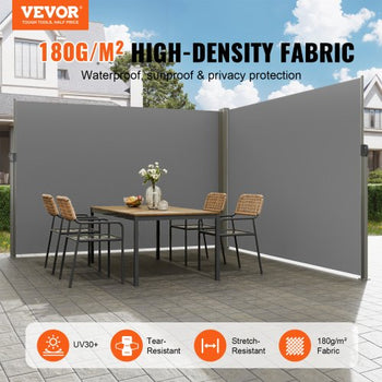 Retractable Side Awning, 79''x 236'' Outdoor Privacy Screen, 180g Polyester Water-proof Retractable Patio Screen, UV 30+ Room Divider Wind Screen for Patio, Backyard, Balcony, Gray