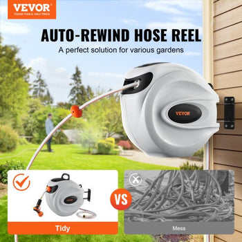 Retractable Hose Reel, 115 ft x 1/2 inch, 180° Swivel Bracket Wall-Mounted, Garden Water Hose Reel with 9-Pattern Nozzle, Automatic Rewind, Lock at Any Length, and Slow Return System